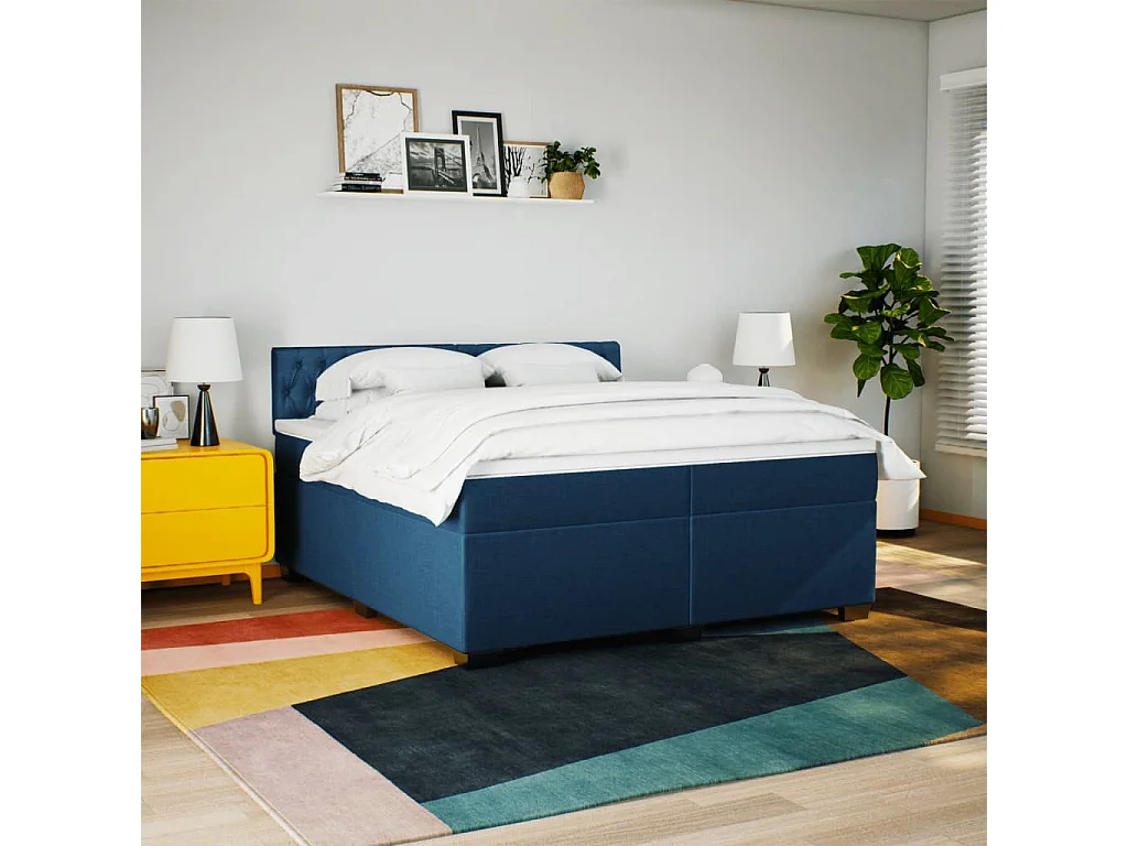 Sommier à lattes de lit avec matelas Bleu 200x200 cm Tissu