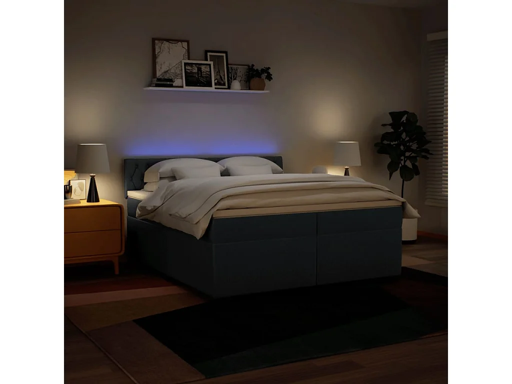 Cama box spring con colchón tela azul 200x200 cm