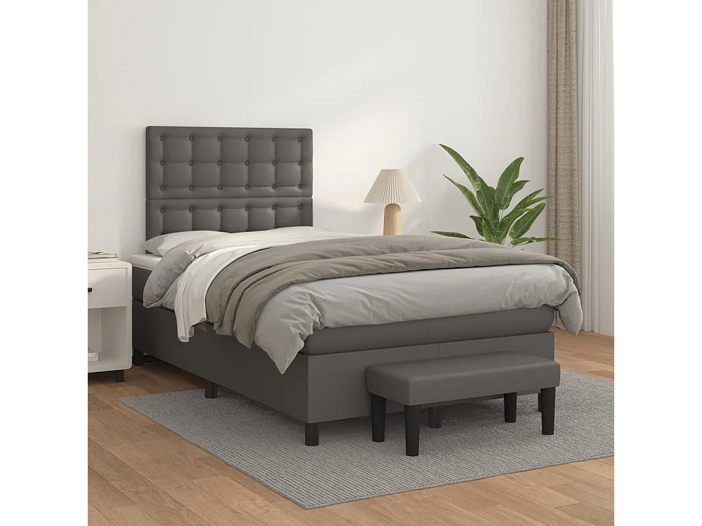 Cama box spring con colchón cuero sintético gris 120x190 cm