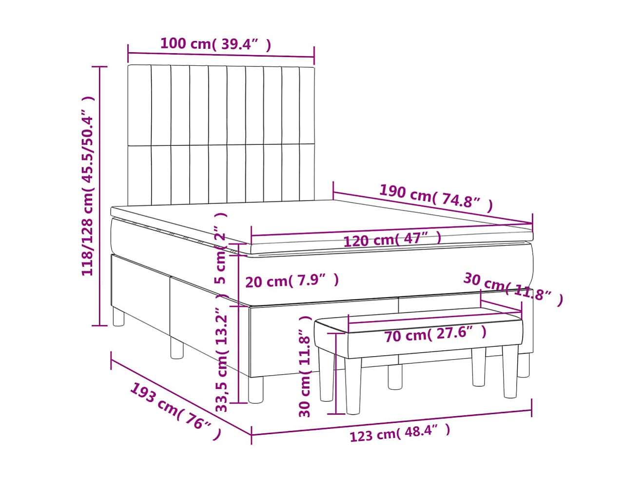 Cama boxspring com colchão 120x190 cm tecido castanho-escuro