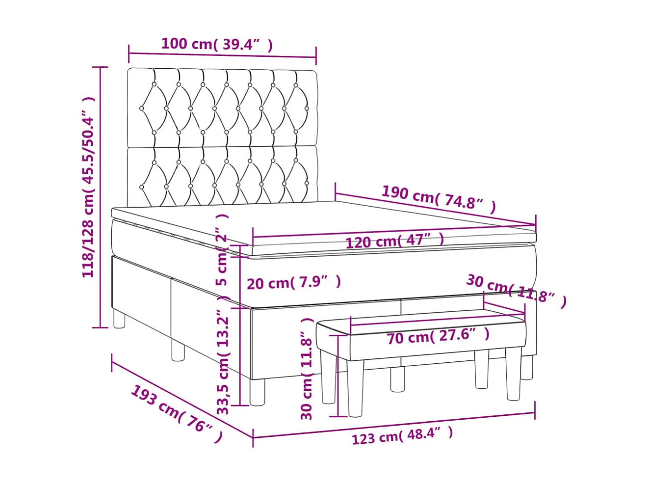 Cama boxspring c/ colchão 120x190cm tecido castanho-acinzentado