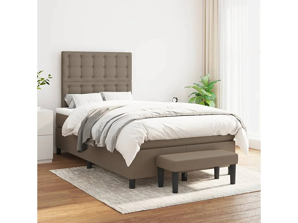 Cama box spring con colchón tela gris taupe 120x190 cm