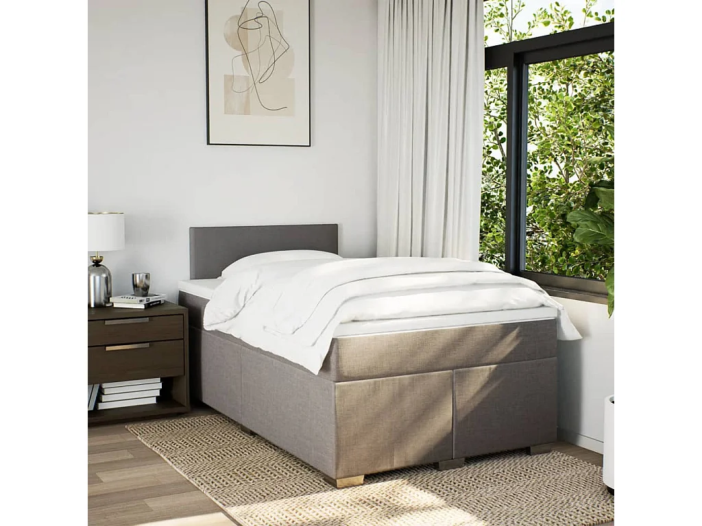 Cama box spring con colchón tela gris taupe 120x200 cm