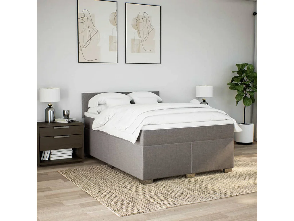 Cama box spring con colchón tela gris taupe 140x200 cm