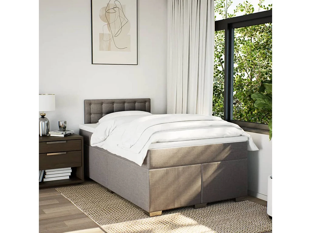 Cama box spring con colchón tela gris taupe 120x200 cm