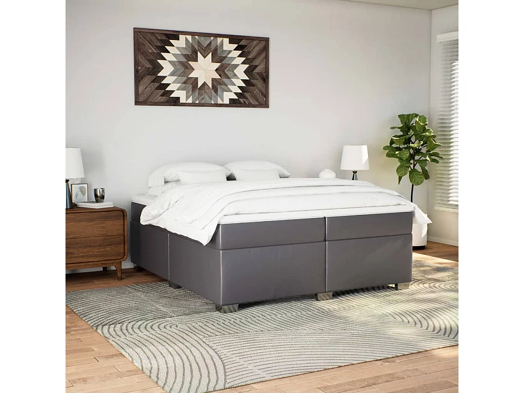Cama box spring con colchón cuero sintético gris 200x200 cm