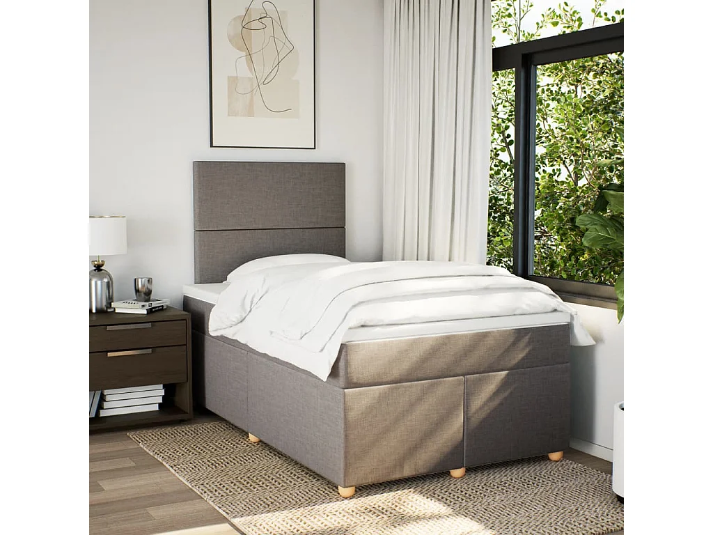 Cama box spring con colchón tela gris taupe 120x200 cm