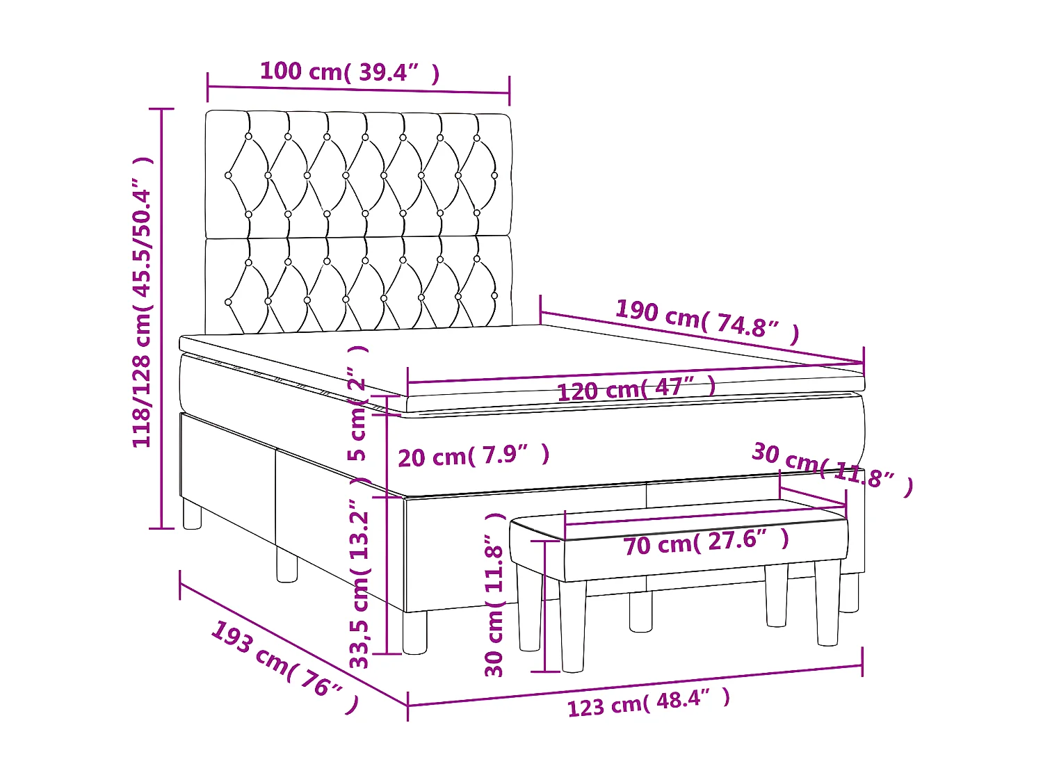 Cama box spring con colchón terciopelo azul oscuro 120x190 cm