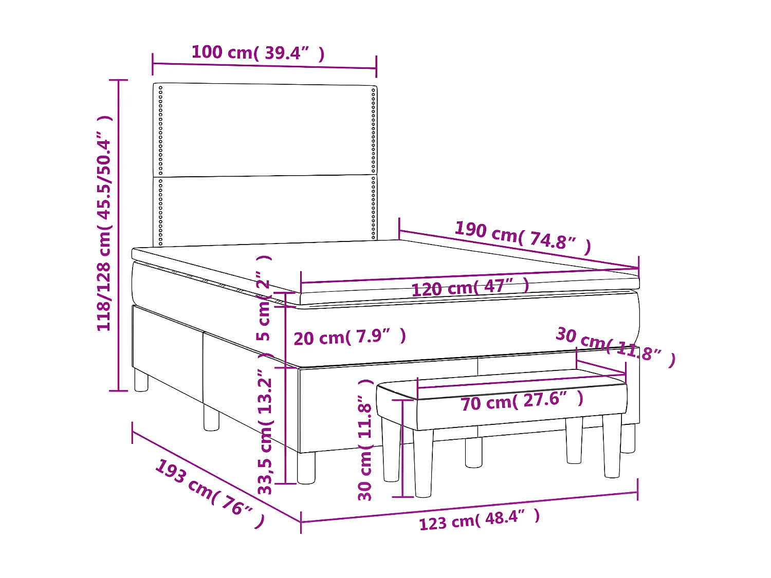 Cama boxspring com colchão 120x190 cm tecido cor creme