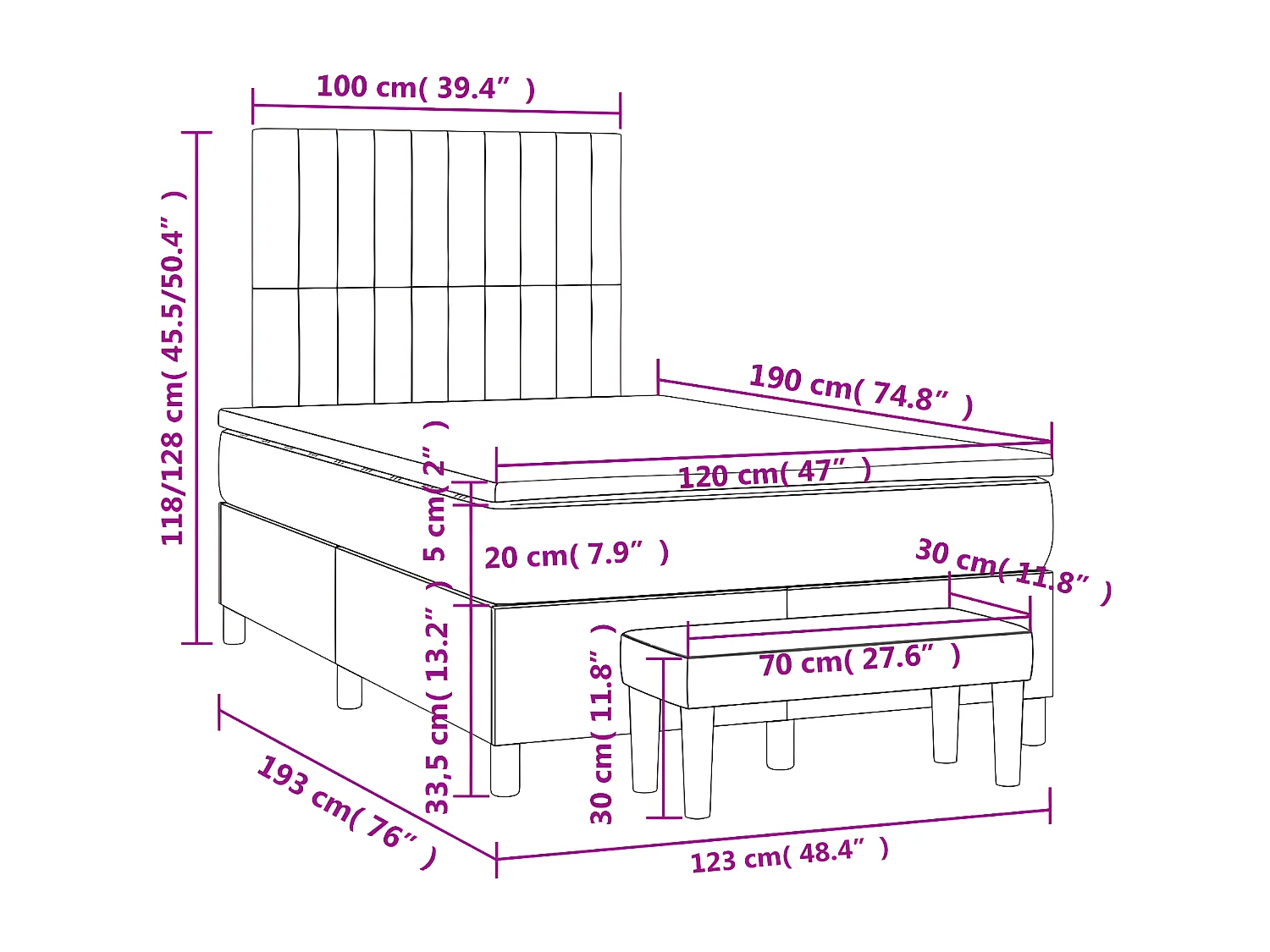 Cama boxspring com colchão 120x190 cm veludo azul-escuro