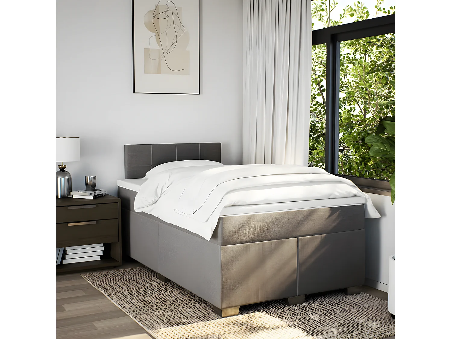 Cama box spring con colchón tela gris taupe 120x200 cm