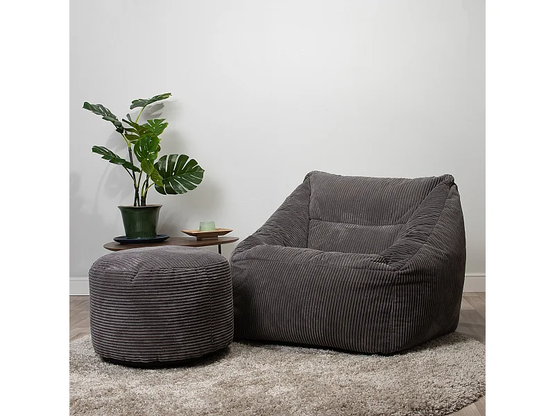 Pouf fauteuil avec repose-pied rond velours côtelé gris anthracite - MORGAN