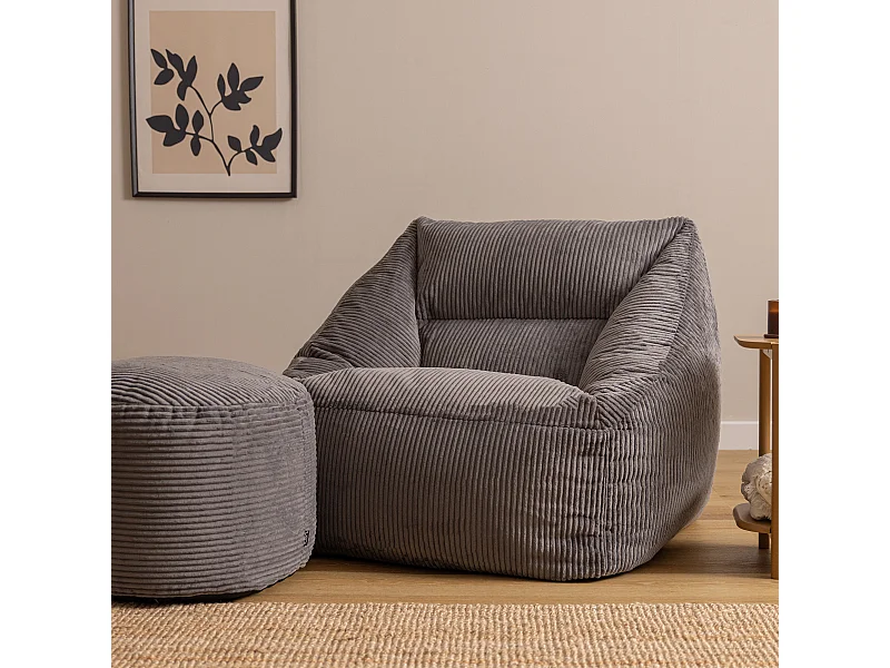 Pouf fauteuil avec repose-pied rond velours côtelé gris anthracite, salon ou chambre - NATALIA