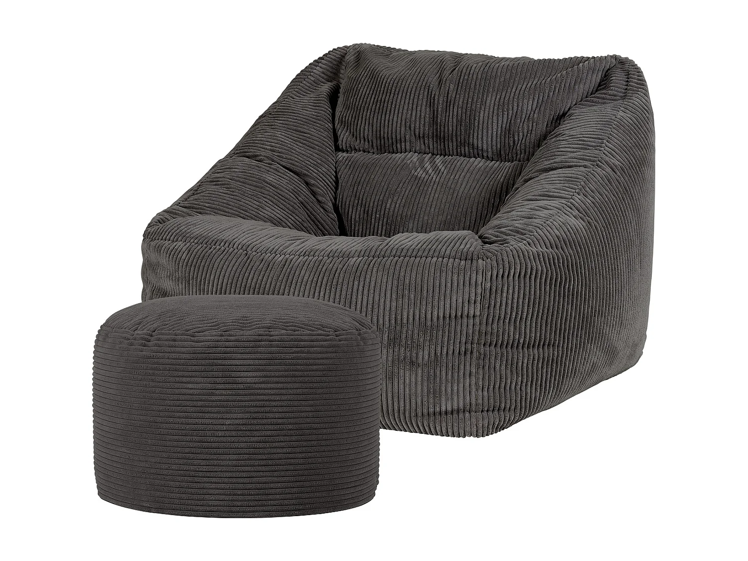 Pouf fauteuil avec repose-pied rond velours côtelé gris anthracite - MORGAN