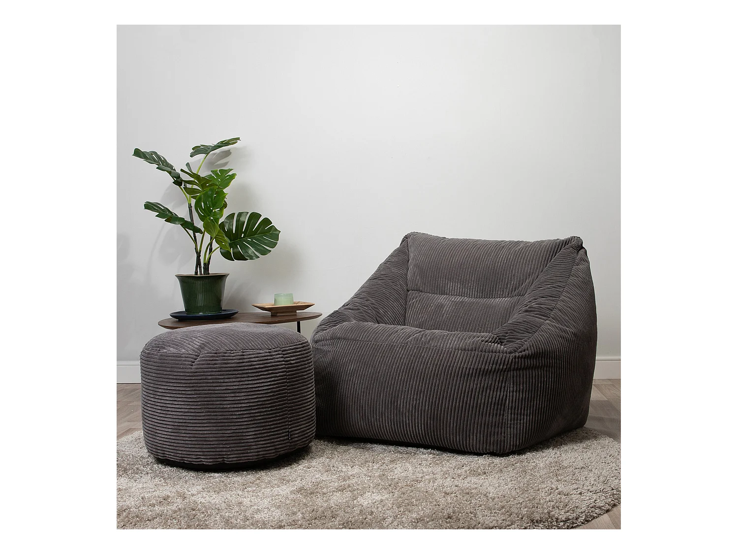 Pouf fauteuil avec repose-pied rond velours côtelé gris anthracite - MORGAN