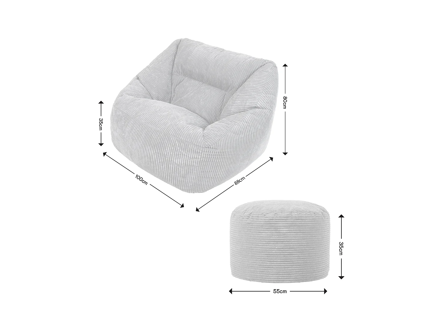 Pouf fauteuil avec repose-pied rond velours côtelé gris anthracite - MORGAN