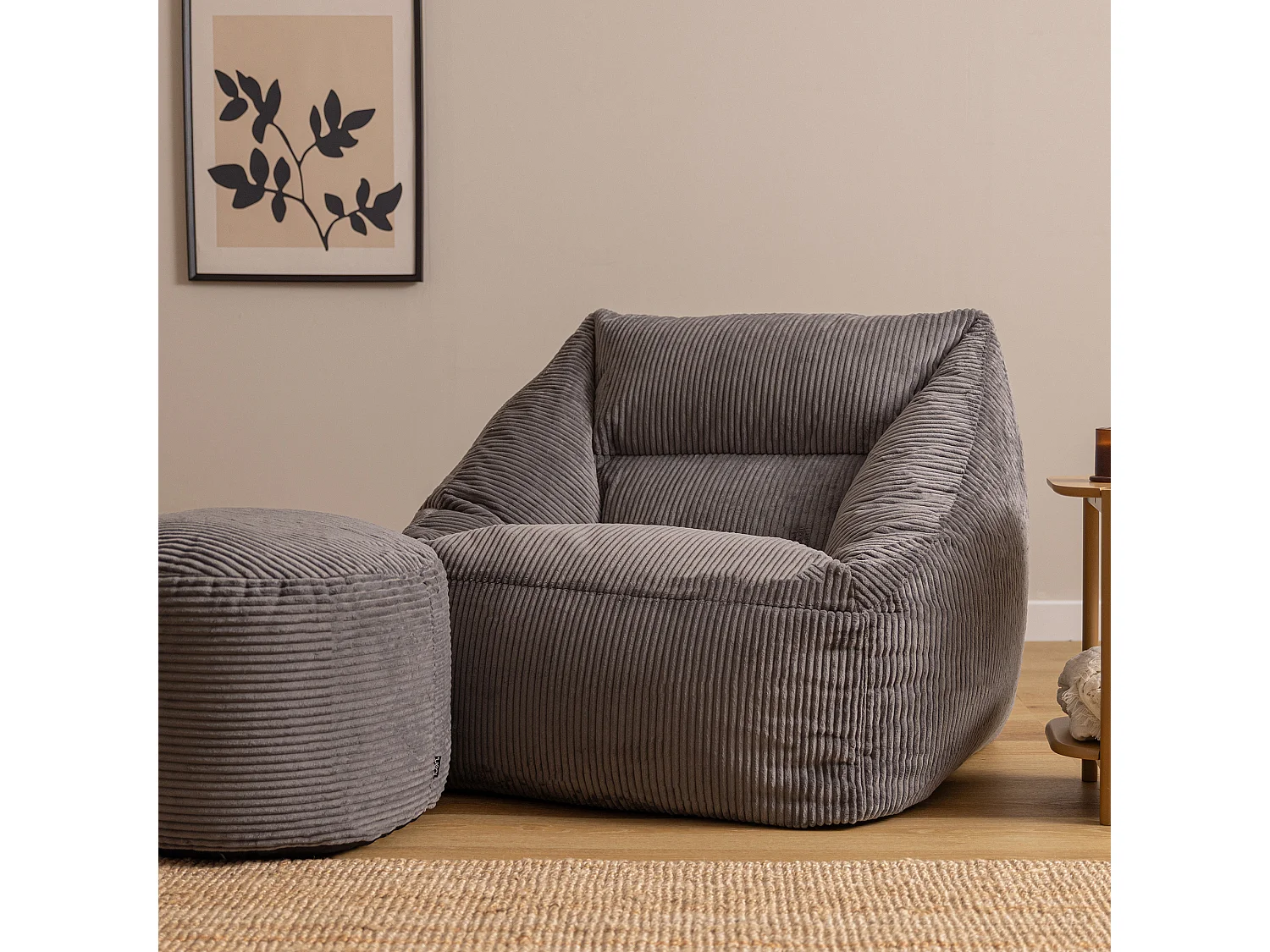 Pouf fauteuil avec repose-pied rond velours côtelé gris anthracite, salon ou chambre - NATALIA