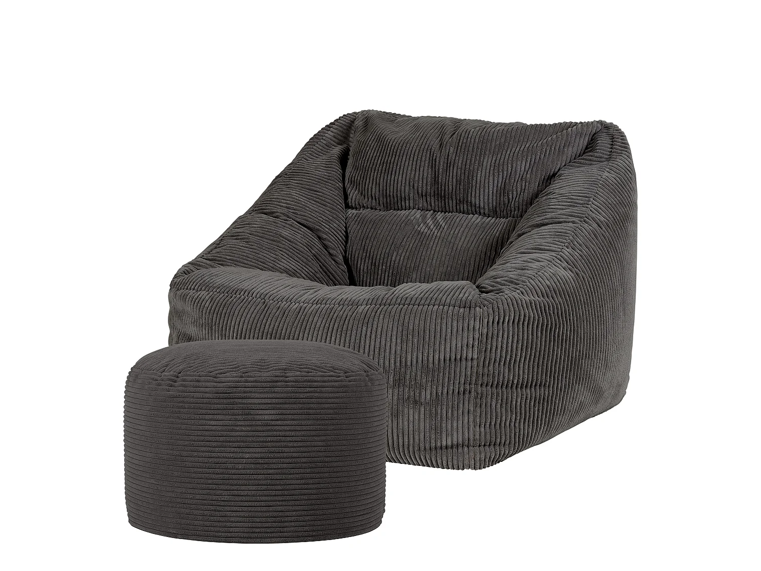 Pouf fauteuil avec repose-pied rond velours côtelé gris anthracite, salon ou chambre - NATALIA