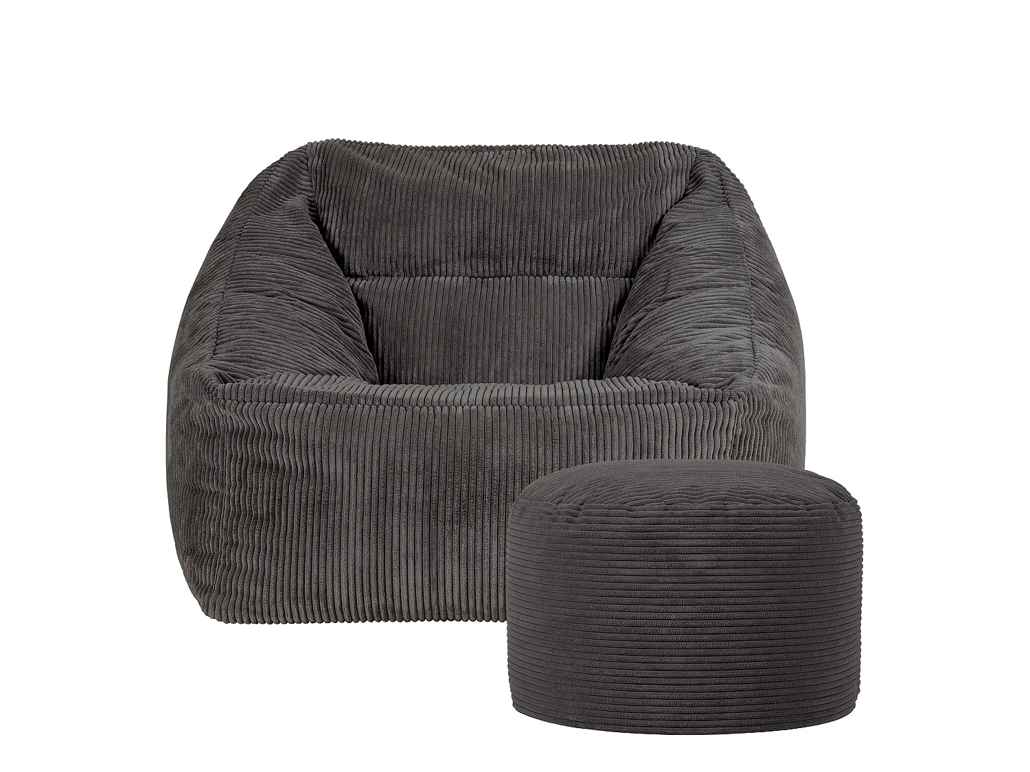Pouf fauteuil avec repose-pied rond velours côtelé gris anthracite, salon ou chambre - NATALIA
