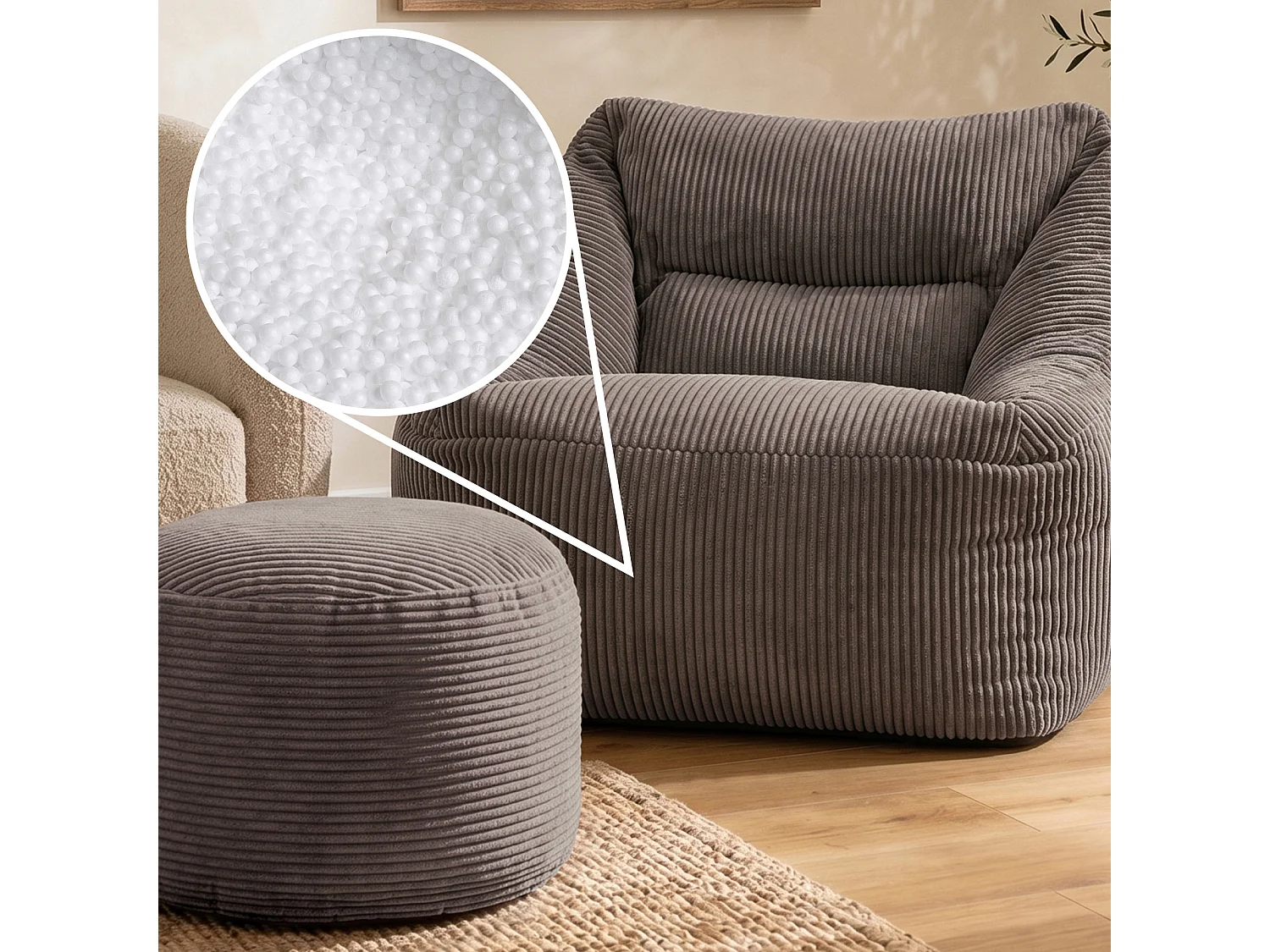 Pouf fauteuil avec repose-pied rond velours côtelé gris anthracite, salon ou chambre - NATALIA