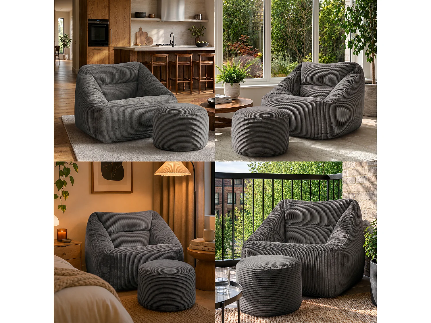 Pouf fauteuil avec repose-pied rond velours côtelé gris anthracite, salon ou chambre - NATALIA