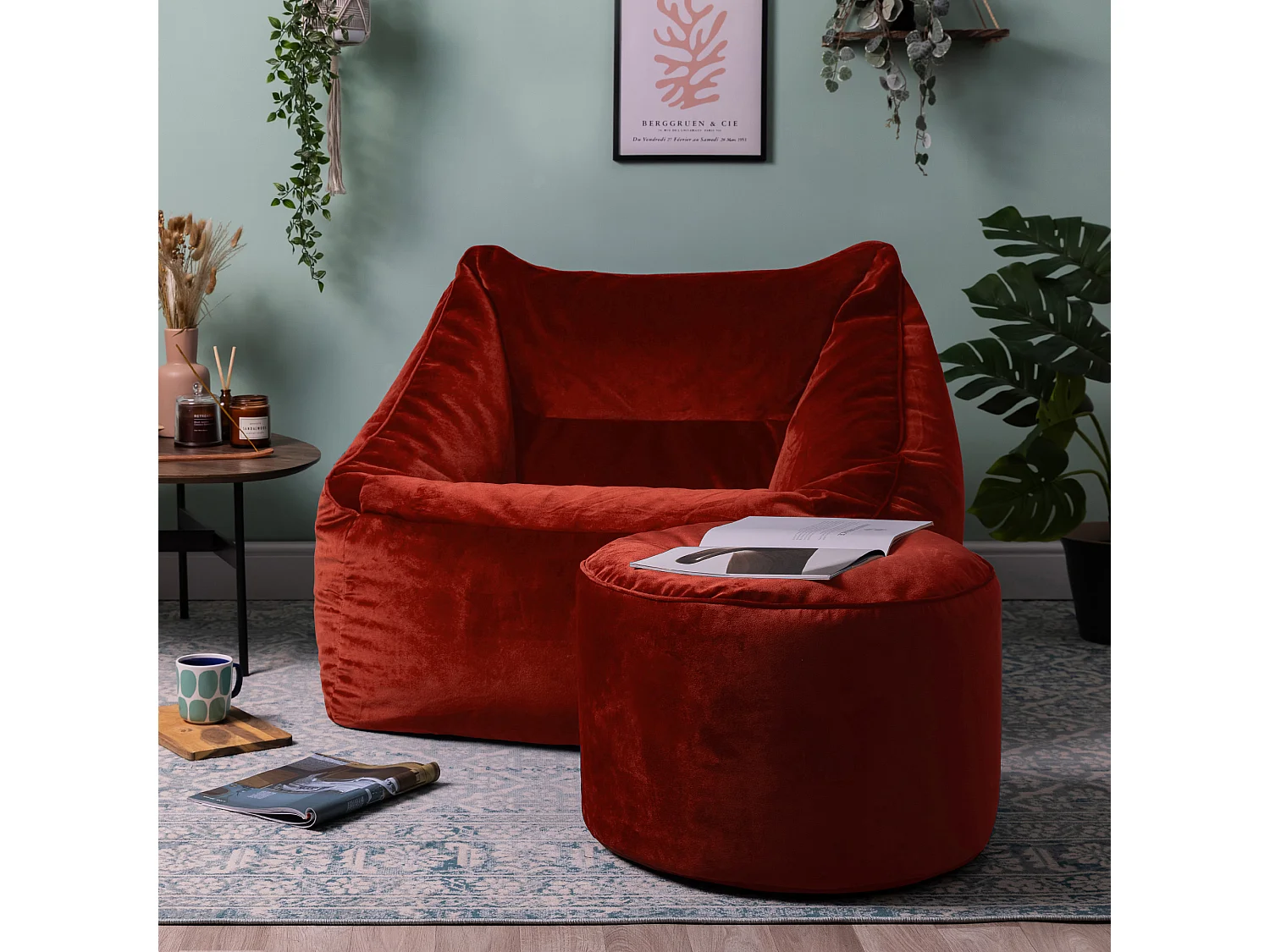 Pouf fauteuil avec repose-pied rond velours terracotta - NATALIA