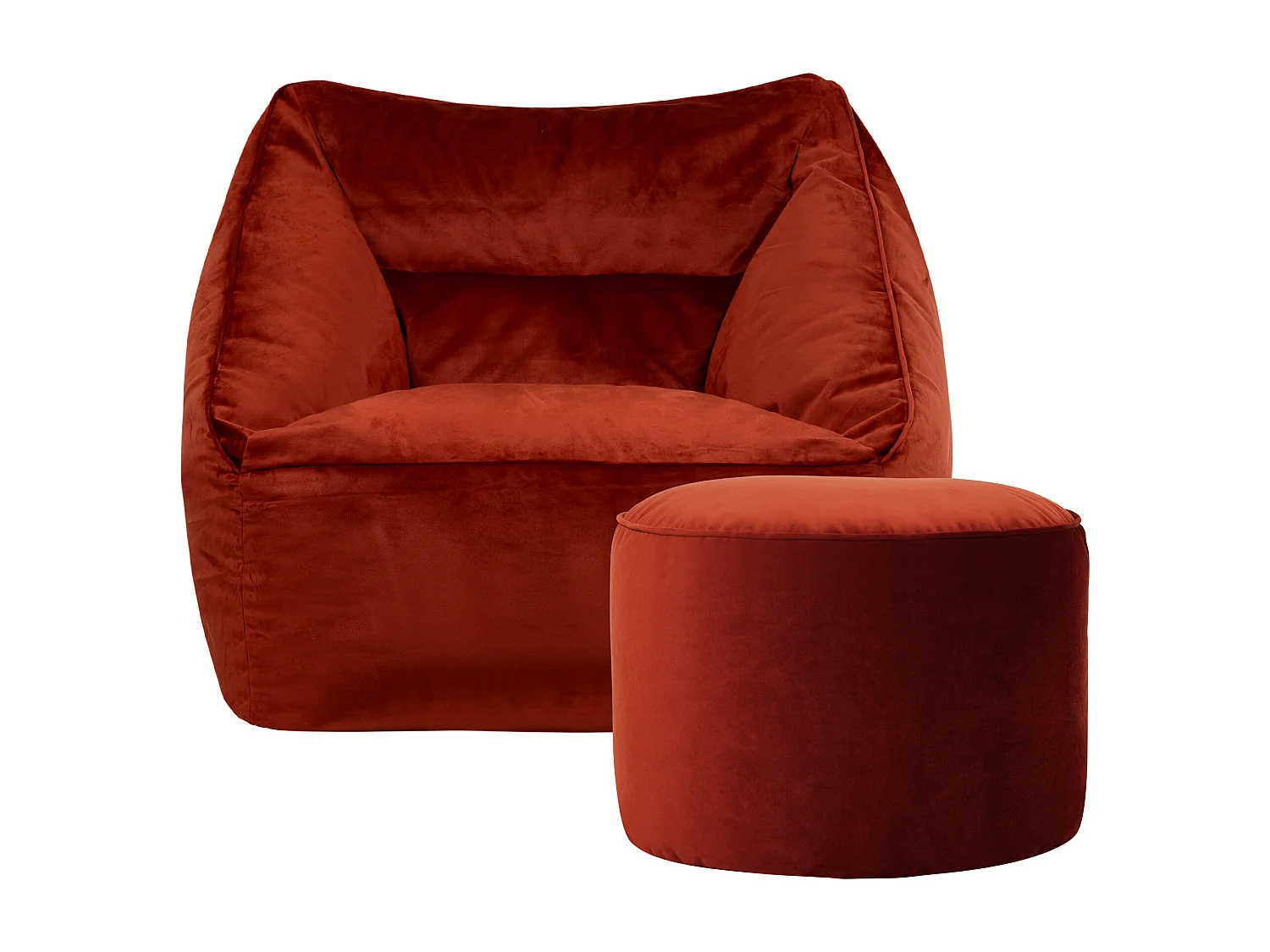 Pouf fauteuil avec repose-pied rond velours terracotta - NATALIA