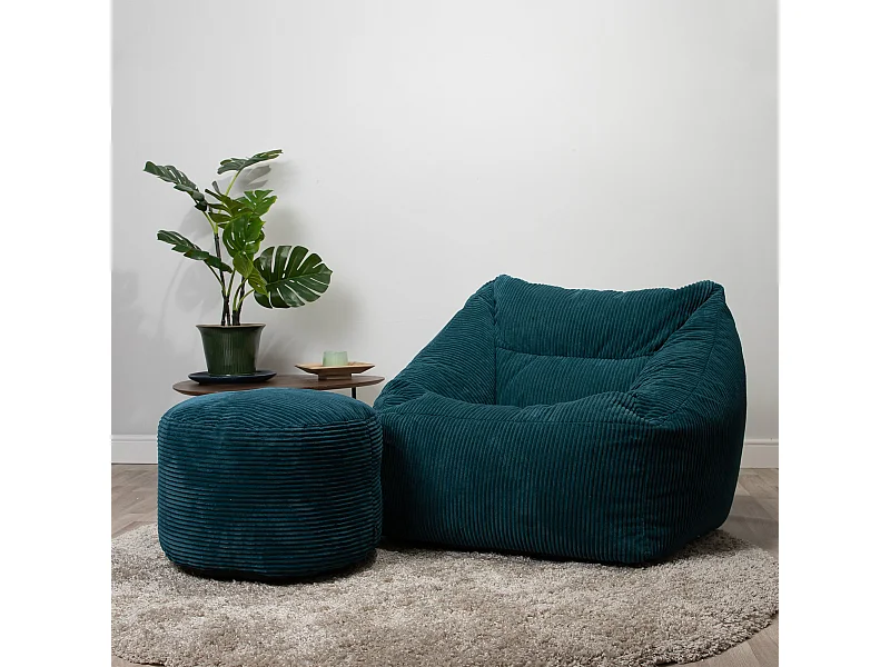 Pouf fauteuil avec repose-pied rond velours côtelé bleu canard - MORGAN