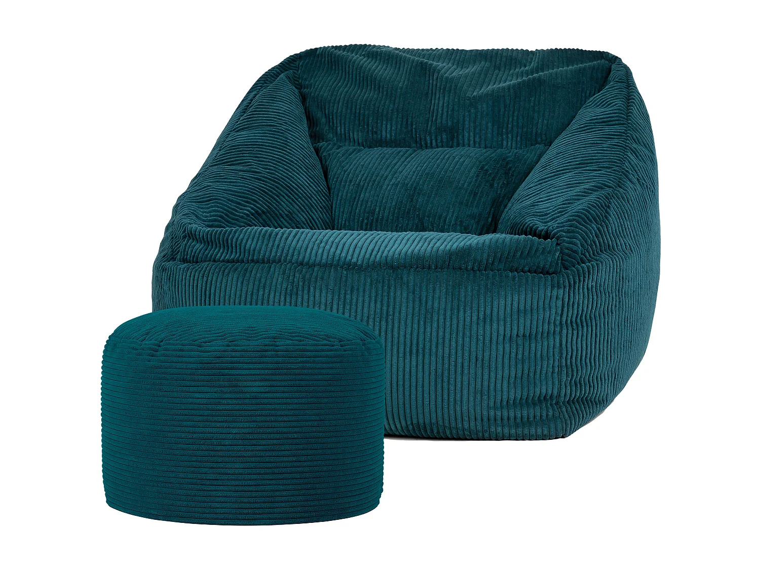 Pouf fauteuil avec repose-pied rond velours côtelé bleu canard - MORGAN