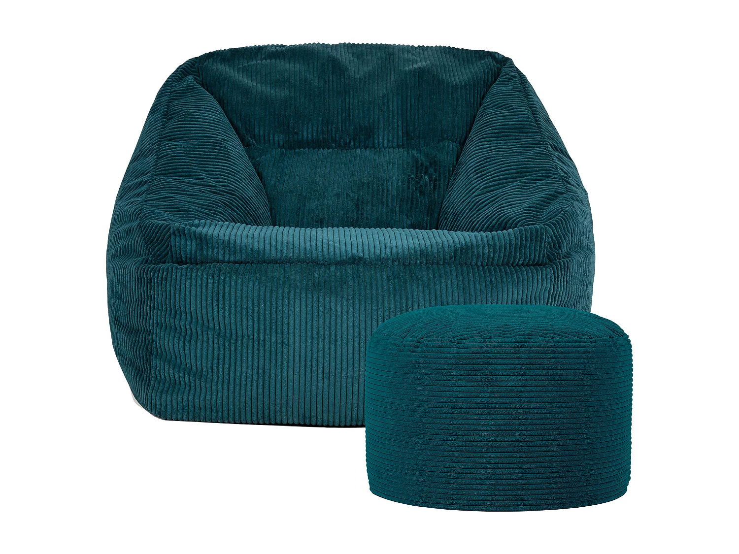 Pouf fauteuil avec repose-pied rond velours côtelé bleu canard - MORGAN