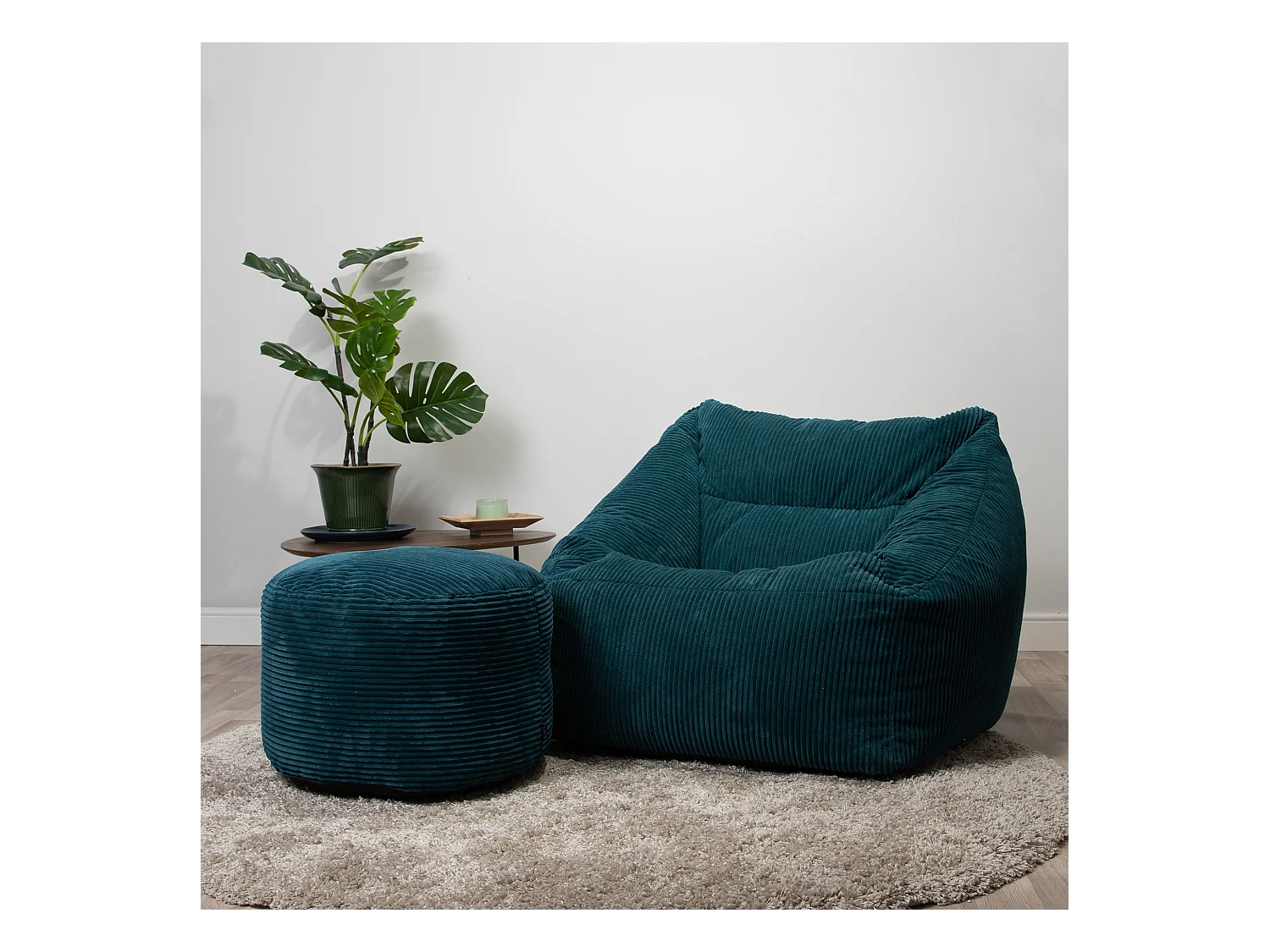 Pouf fauteuil avec repose-pied rond velours côtelé bleu canard - MORGAN