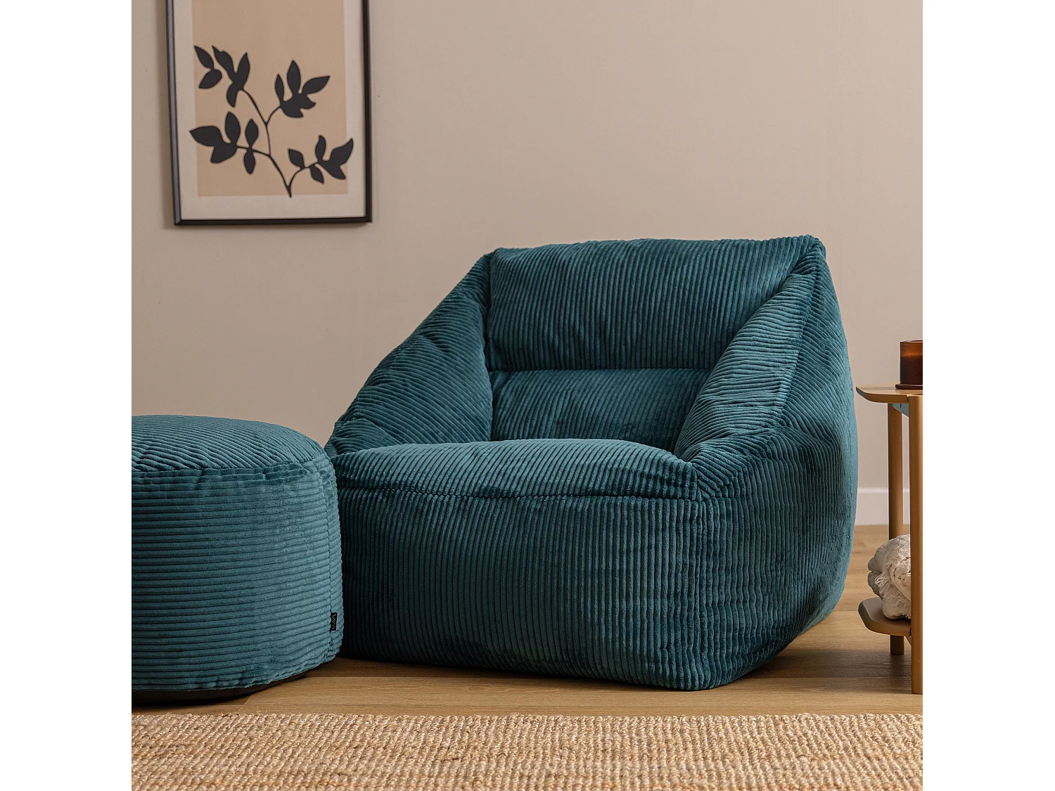 Pouf fauteuil avec repose-pied rond velours côtelé bleu canard, salon ou chambre - NATALIA