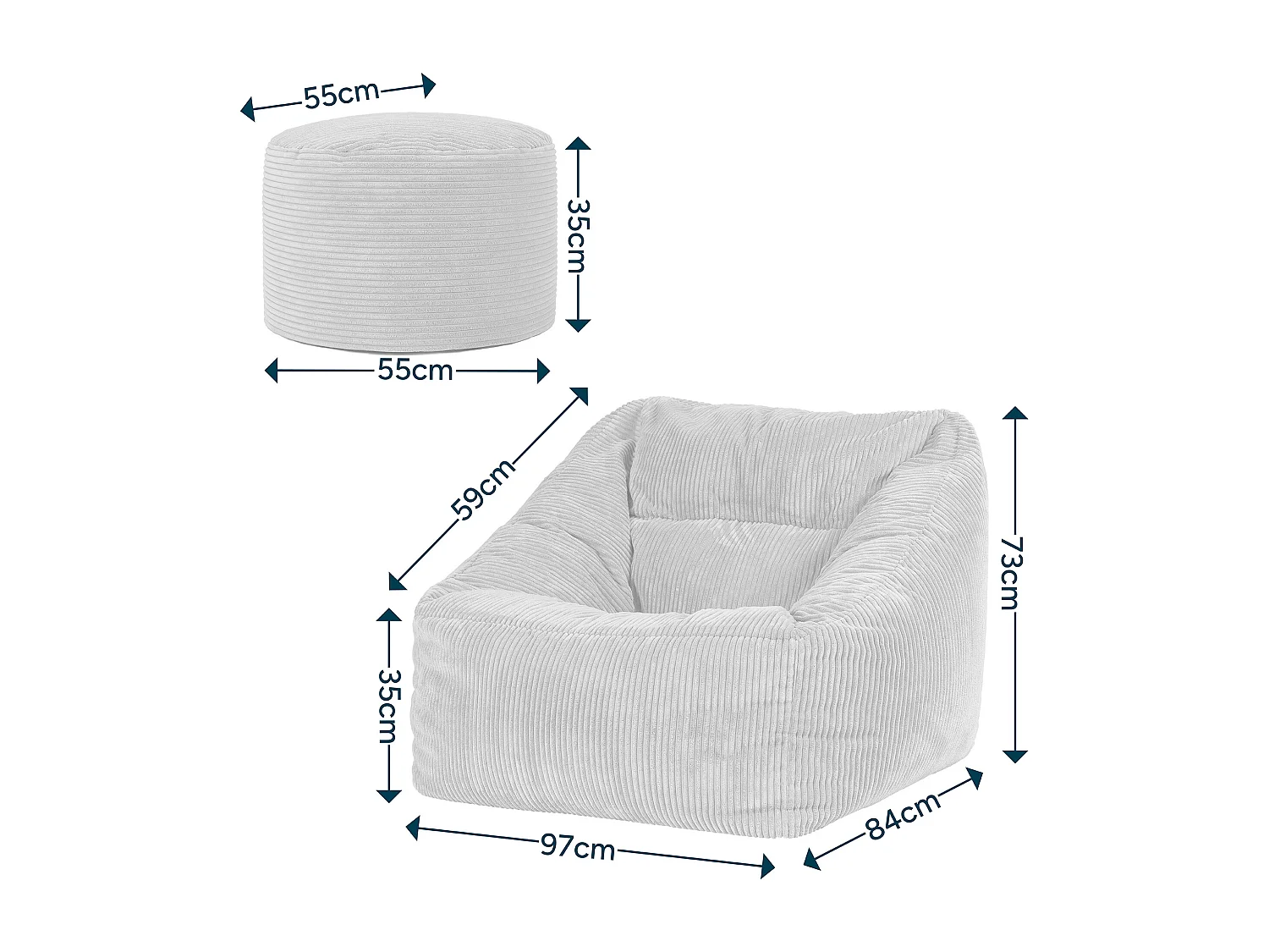 Pouf fauteuil avec repose-pied rond velours côtelé bleu canard, salon ou chambre - NATALIA