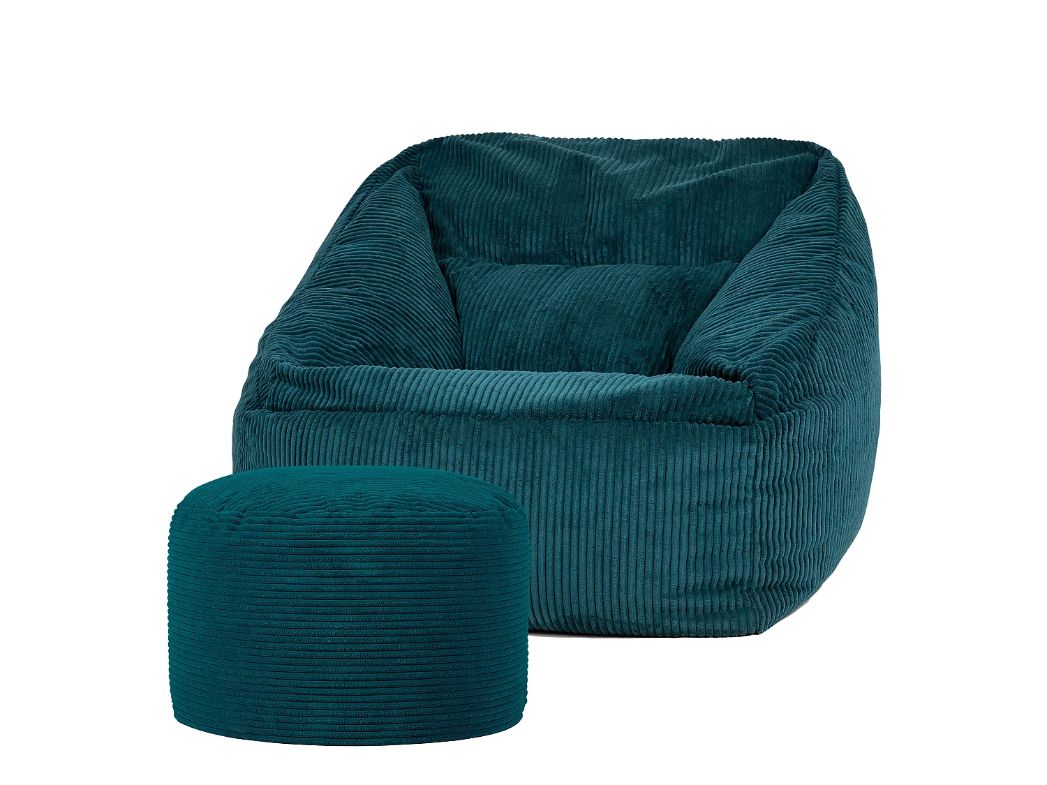 Pouf fauteuil avec repose-pied rond velours côtelé bleu canard, salon ou chambre - NATALIA