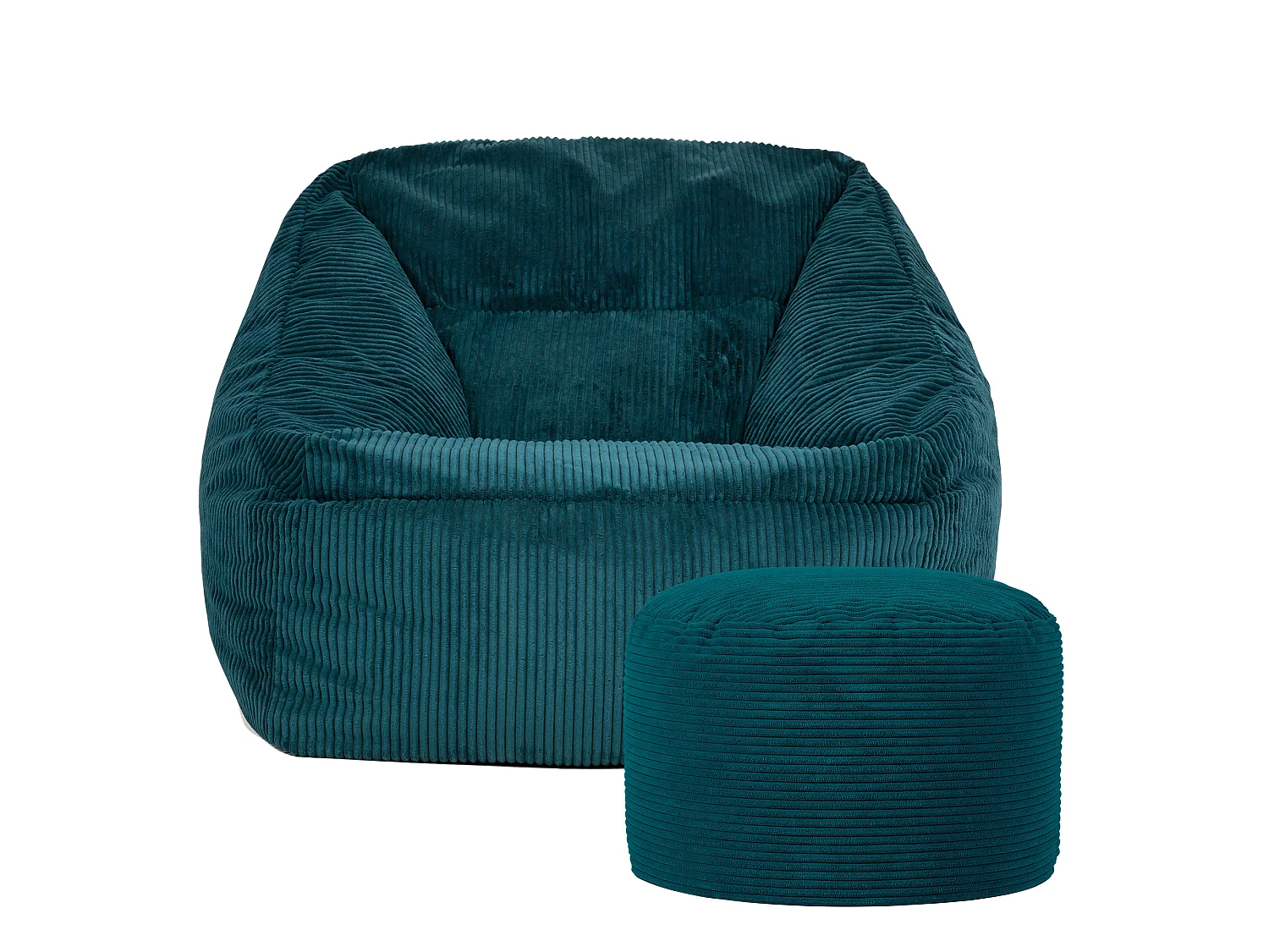 Pouf fauteuil avec repose-pied rond velours côtelé bleu canard, salon ou chambre - NATALIA