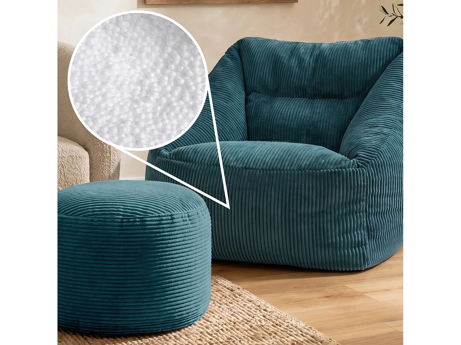 Pouf fauteuil avec repose-pied rond velours côtelé bleu canard, salon ou chambre - NATALIA