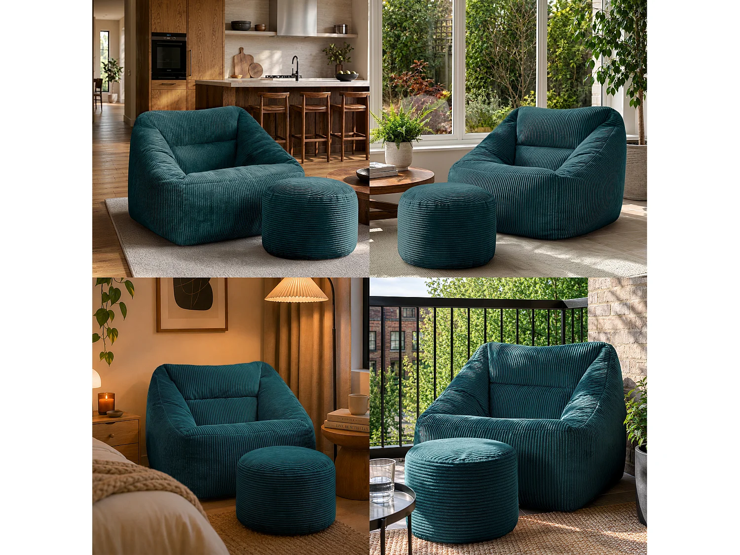 Pouf fauteuil avec repose-pied rond velours côtelé bleu canard, salon ou chambre - NATALIA