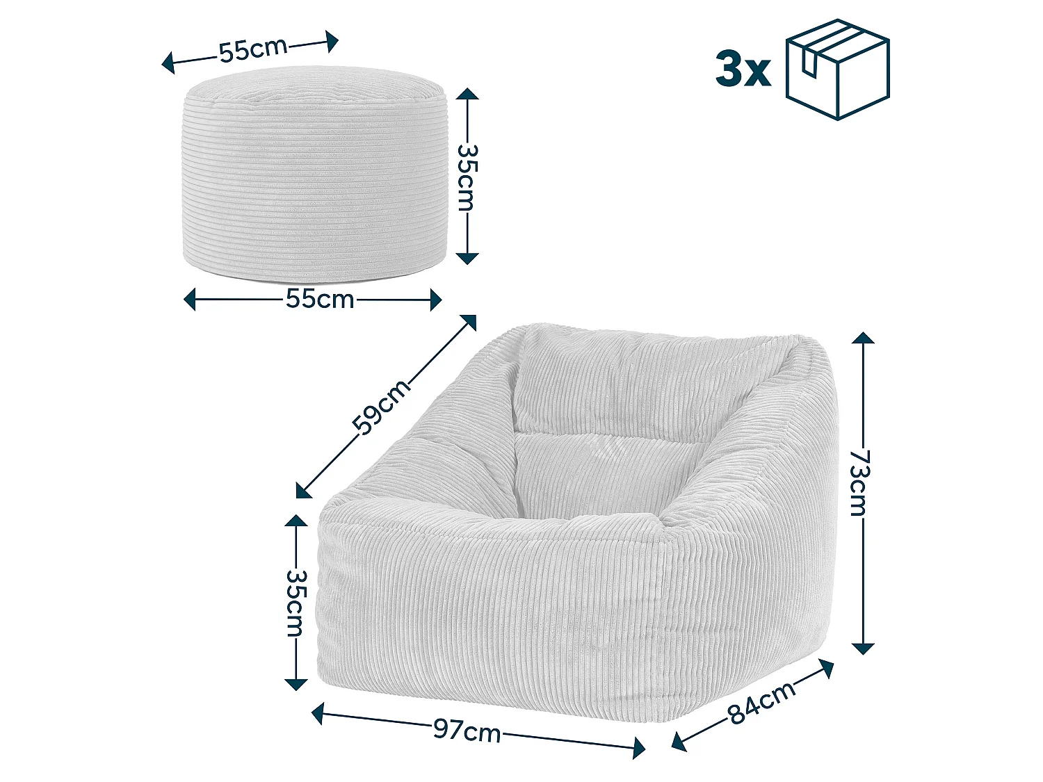 Pouf fauteuil avec repose-pied rond velours côtelé bleu canard, salon ou chambre - NATALIA