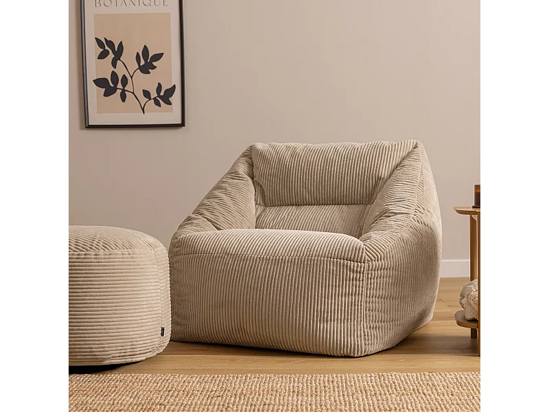 Pouf fauteuil avec repose-pied rond velours côtelé beige galet, salon ou chambre - NATALIA