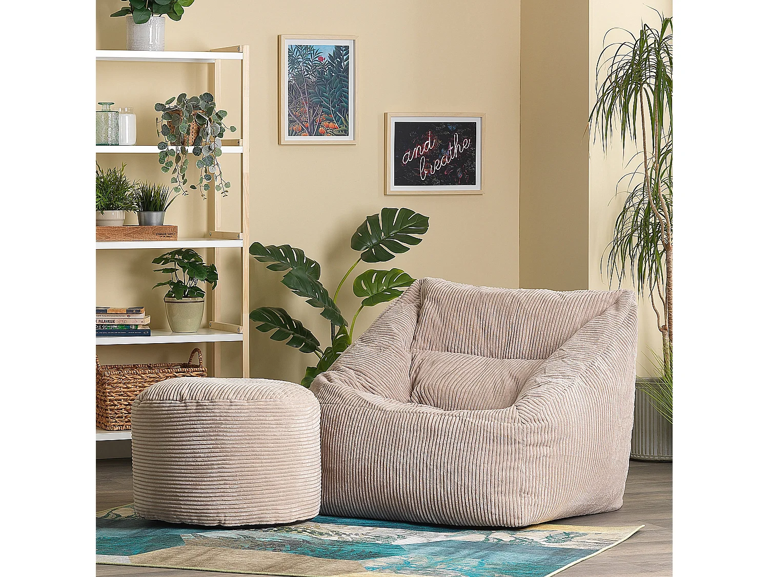 Pouf fauteuil avec repose-pied rond velours côtelé beige galet - MORGAN