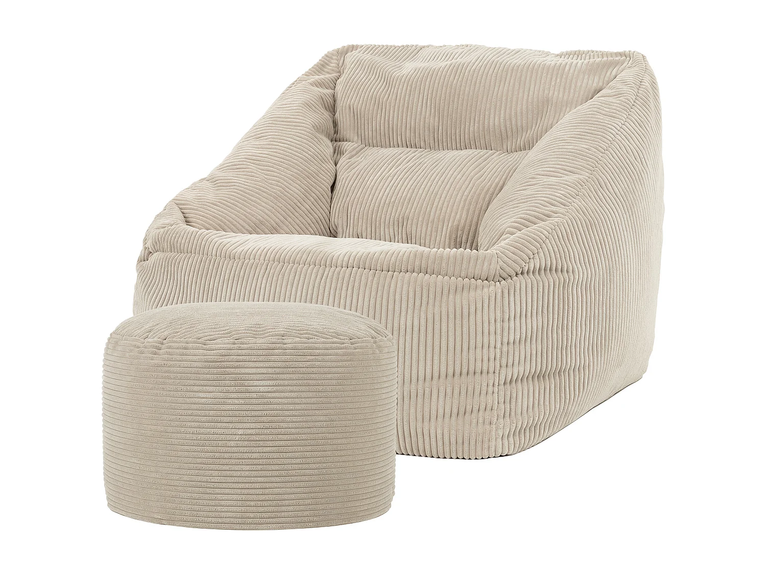 Pouf fauteuil avec repose-pied rond velours côtelé beige galet - MORGAN