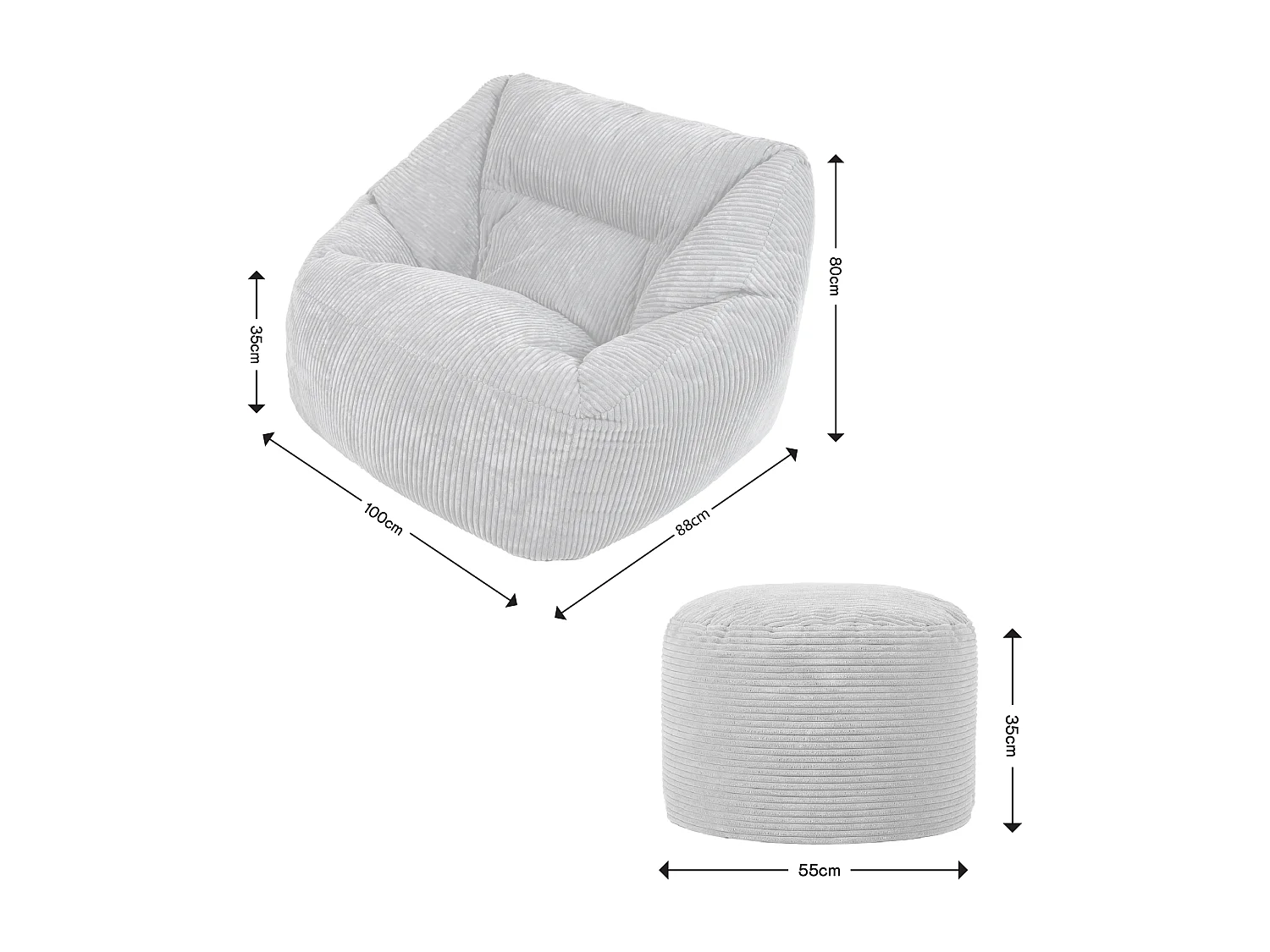 Pouf fauteuil avec repose-pied rond velours côtelé beige galet - MORGAN