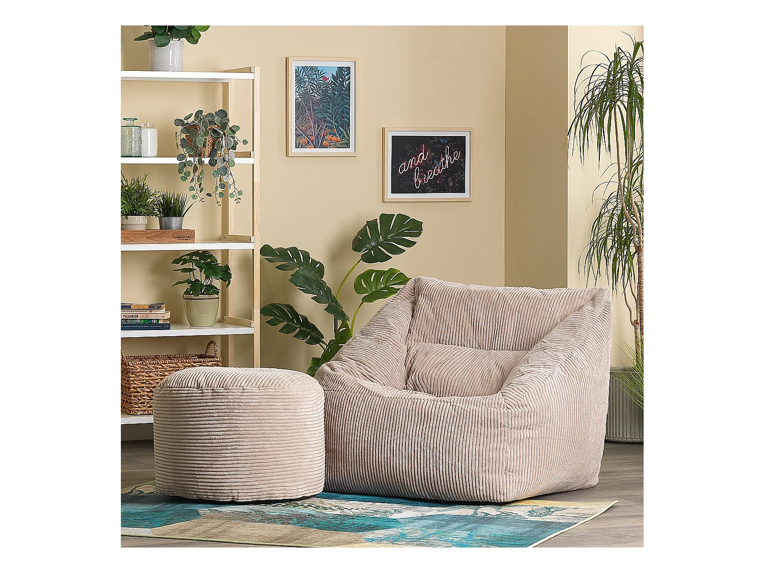 Pouf fauteuil avec repose-pied rond velours côtelé beige galet - MORGAN