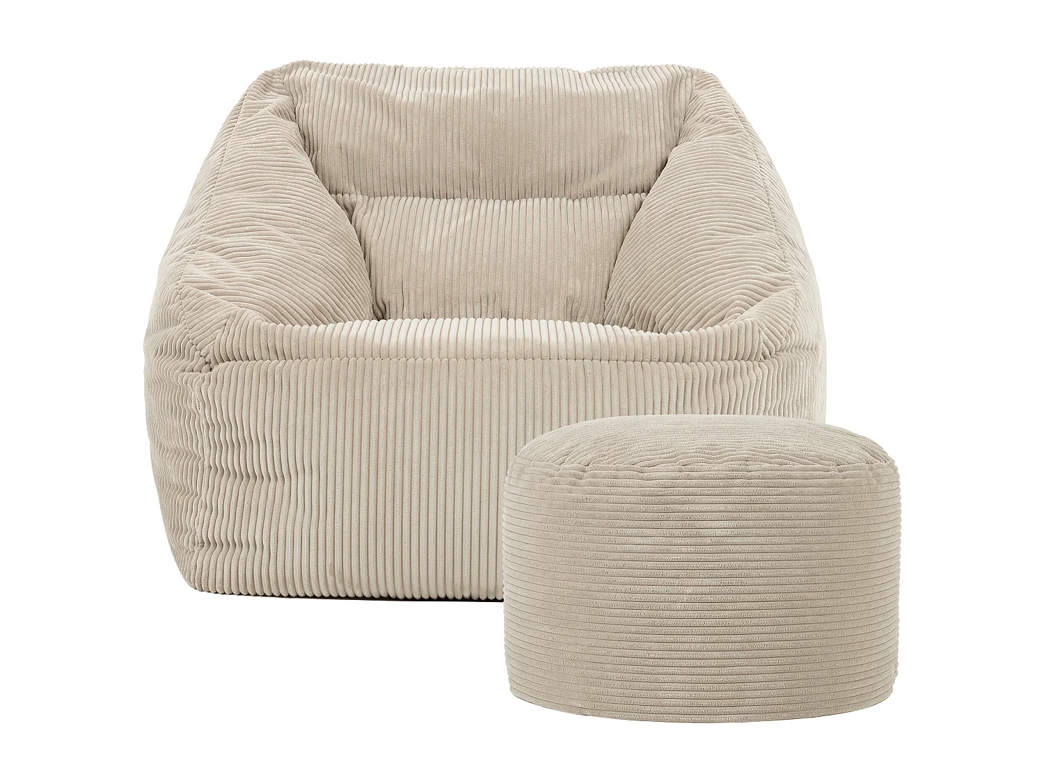 Pouf fauteuil avec repose-pied rond velours côtelé beige galet, salon ou chambre - NATALIA