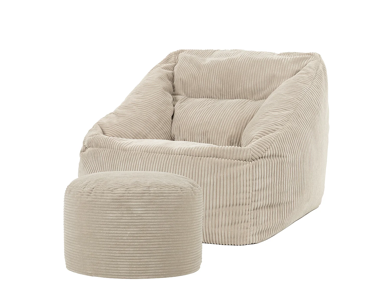 Pouf fauteuil avec repose-pied rond velours côtelé beige galet, salon ou chambre - NATALIA