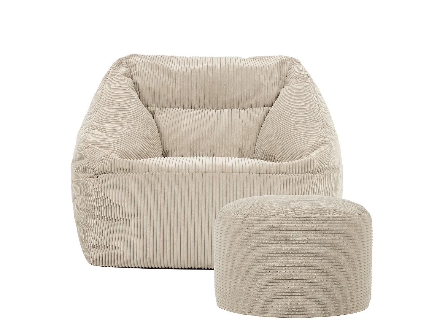 Pouf fauteuil avec repose-pied rond velours côtelé beige galet, salon ou chambre - NATALIA