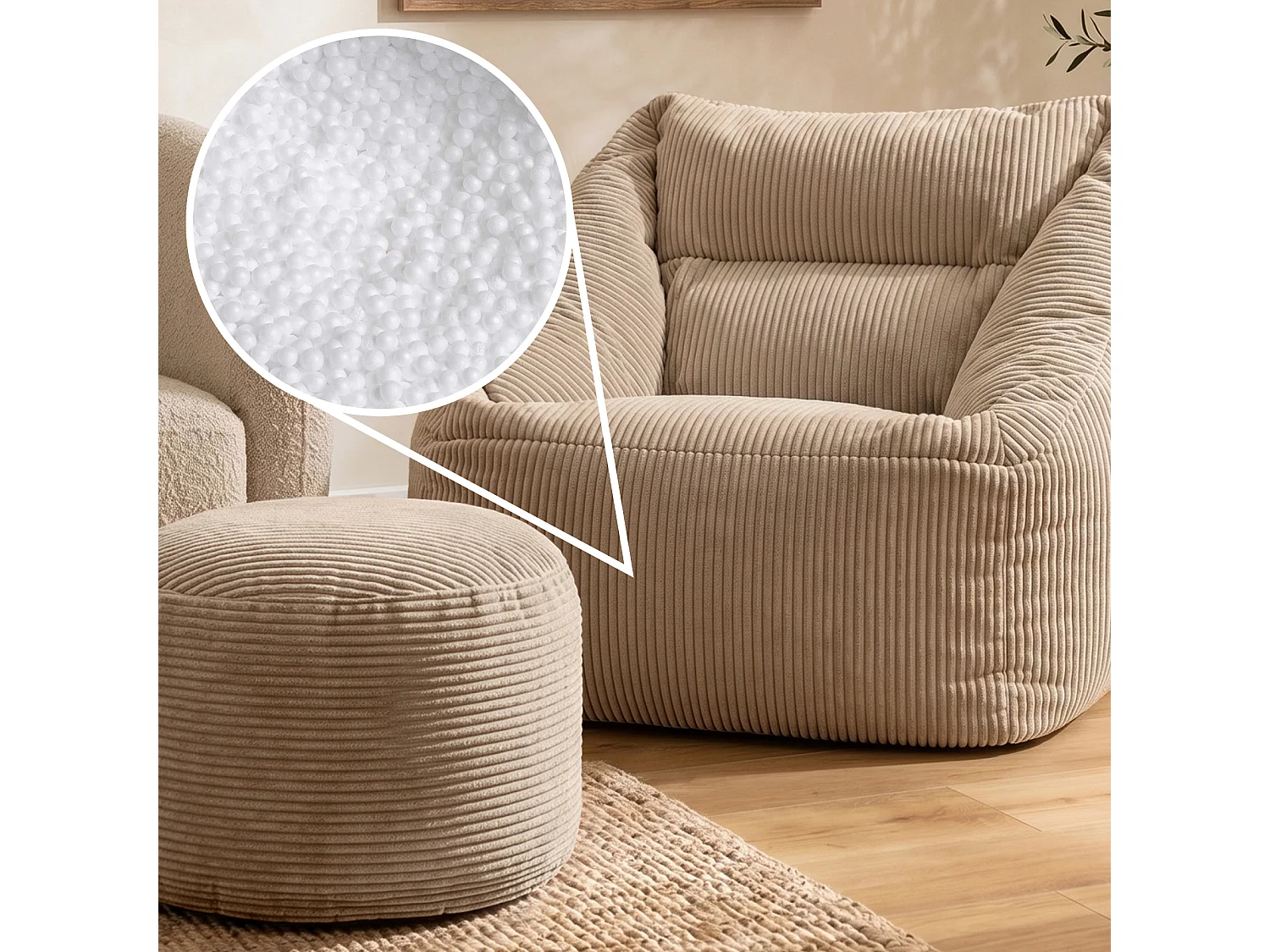 Pouf fauteuil avec repose-pied rond velours côtelé beige galet, salon ou chambre - NATALIA