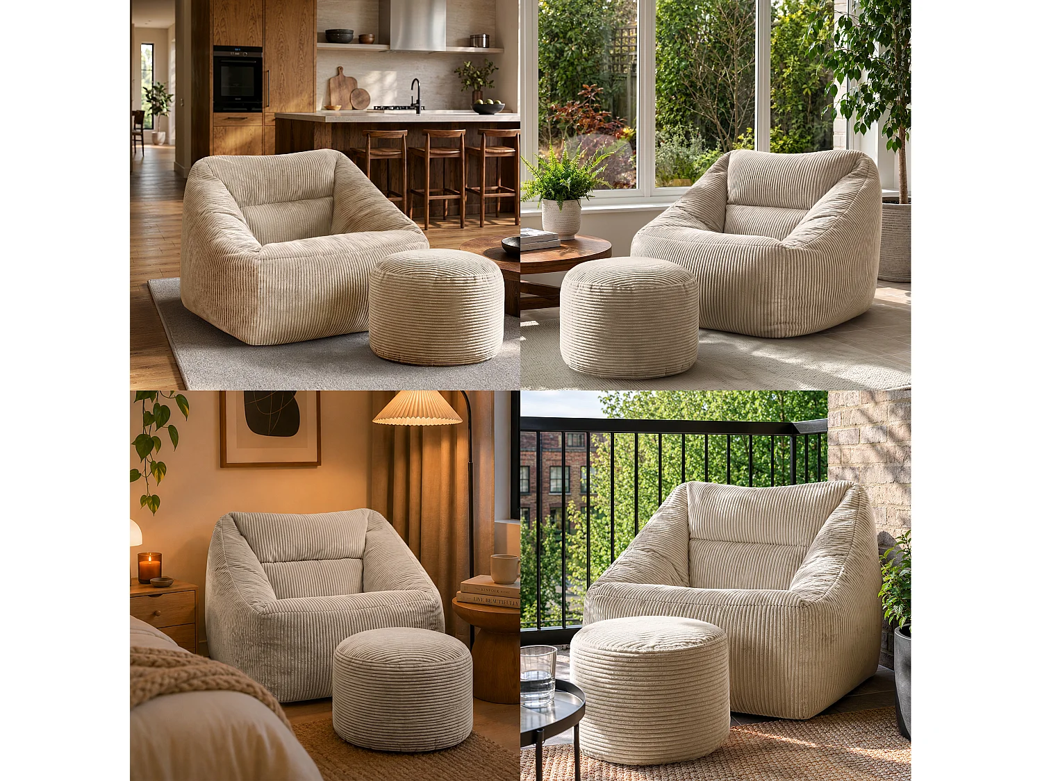 Pouf fauteuil avec repose-pied rond velours côtelé beige galet, salon ou chambre - NATALIA