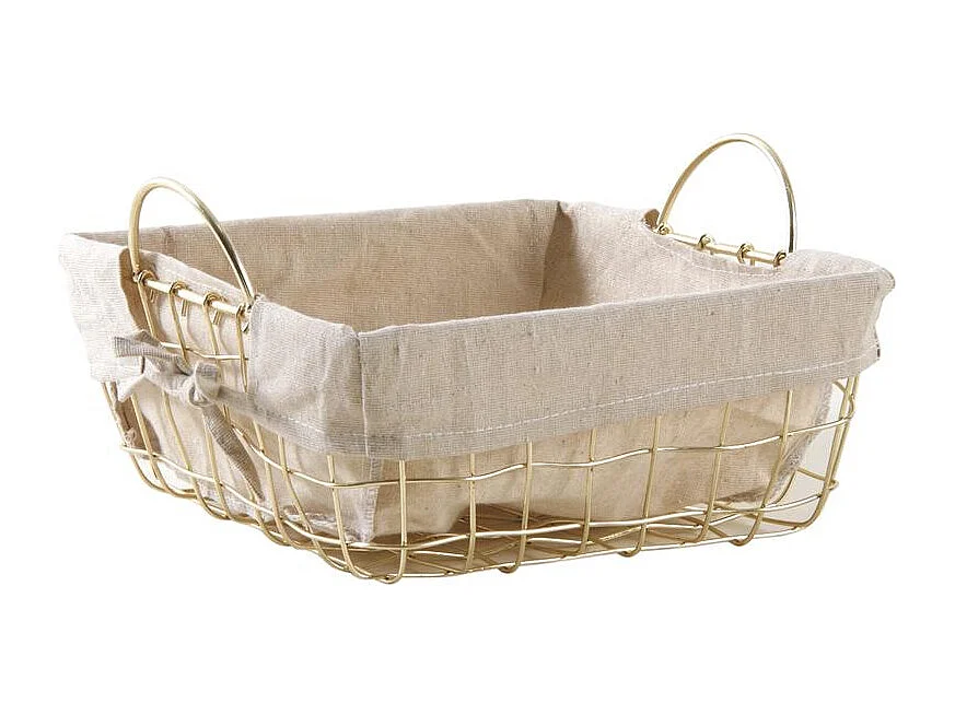 Corbeille carrée en métal doré avec anses et doublure en jute