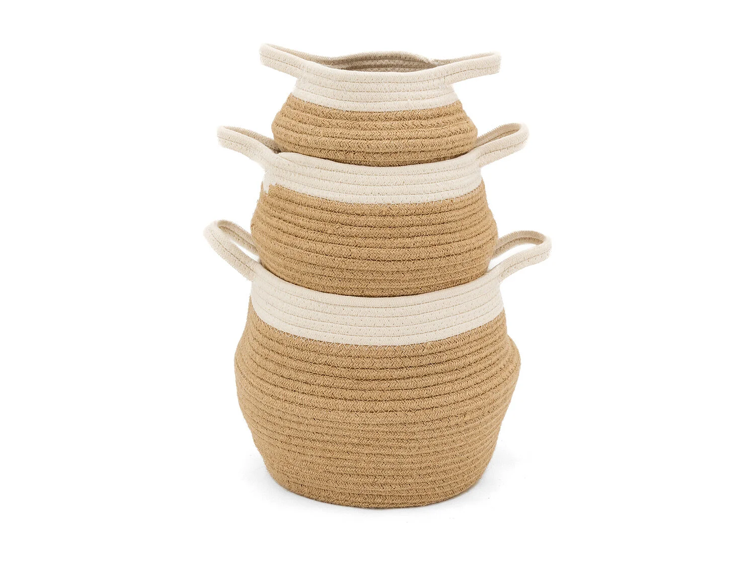 Set de 3 corbeilles en corde blanc et naturel avec 2 anses